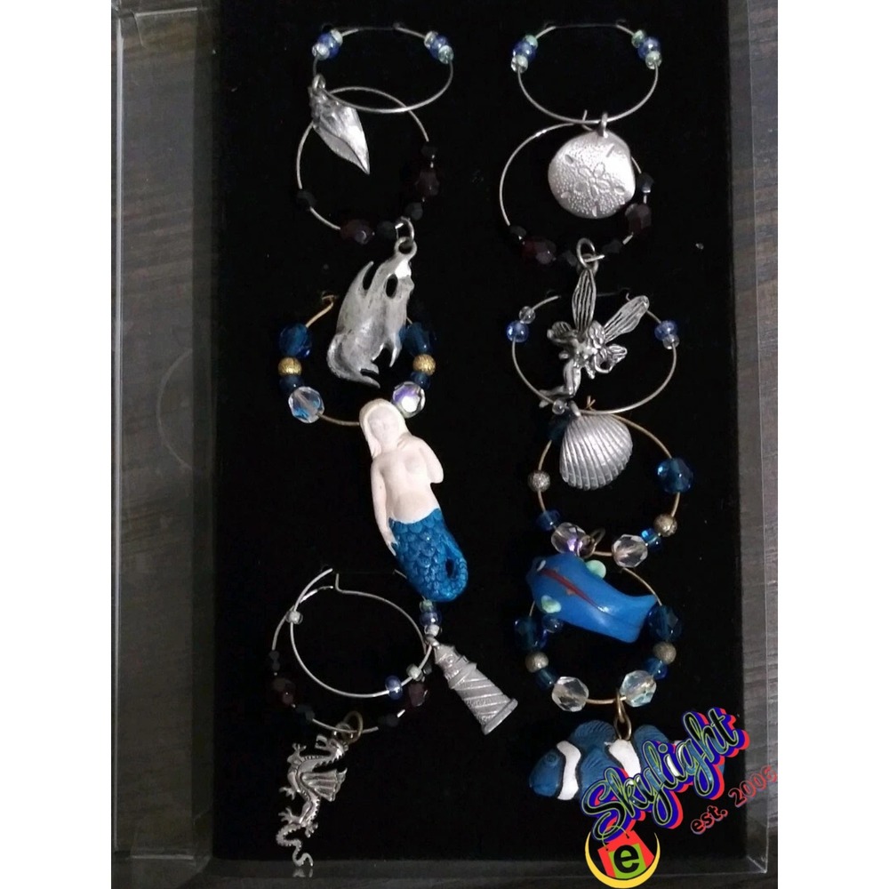 Set of 10 Wine Glass Charms Beach Theme Mermaid Fish Dragon Fairy Pewter Stemwar